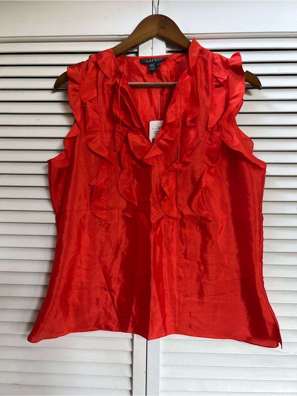 Ralph Lauren Top Orange/Papaya 100% Silk Ruffle V Neck Sleeveless Blouse NWT